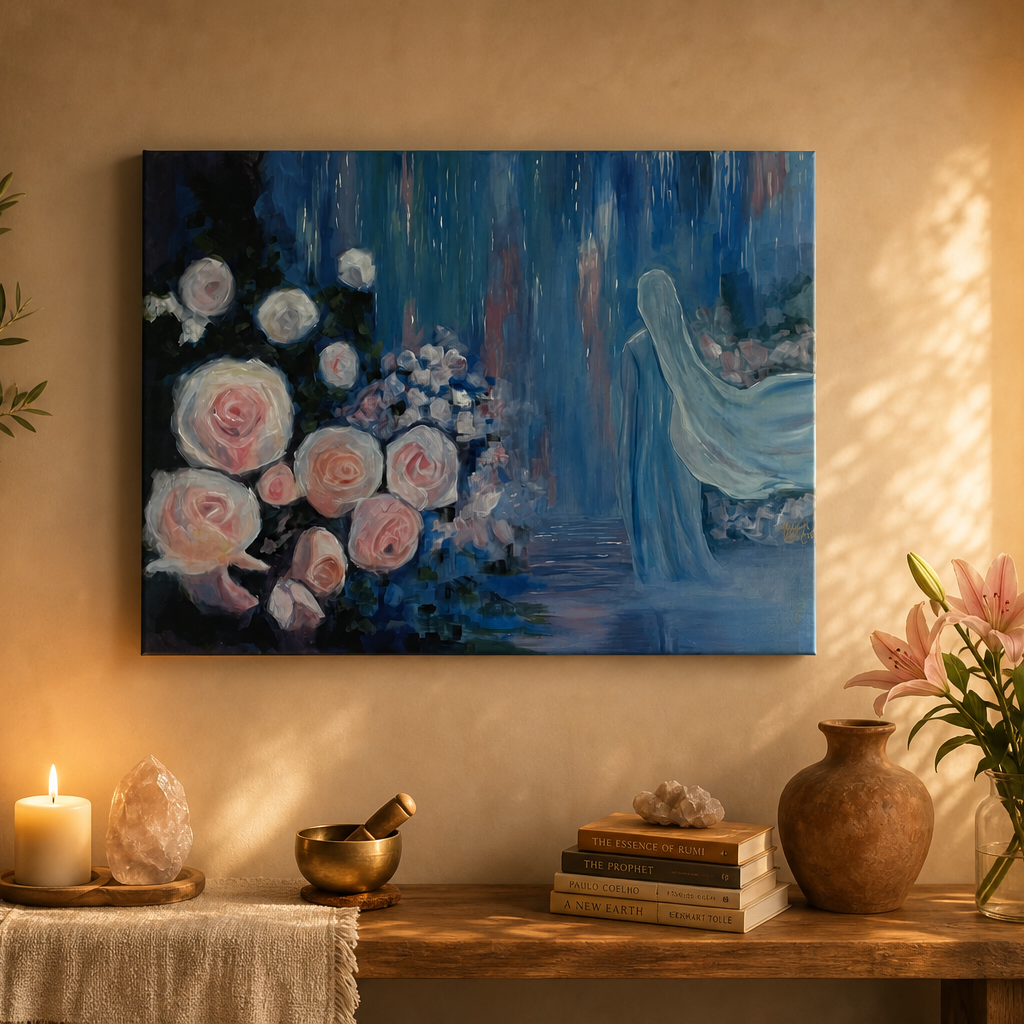 A 80x60cm canvas painting featuring a blue-toned painting of Mary and roses standing in a waterfall.