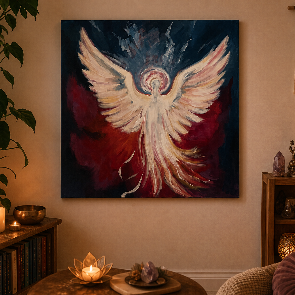 A square wall art print or painting hanging in a cozy room, showing a large white angel with spread wings against a dark blue and deep red background. The room includes a plant, candles, a lamp, and a chair.