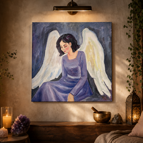 A square canvas painting of a seated angel with white wings and a purple dress, displayed on a warm-toned wall in a styled room with candles, plants, and a lamp.