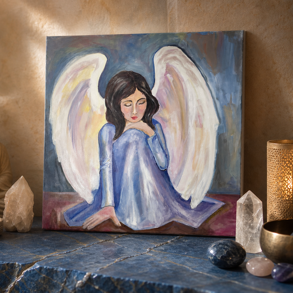 A square canvas painting of a kneeling angel with large white wings and a blue robe, displayed on a stone surface in a styled interior setting with a Buddha statue, candle, crystals, and a brass bowl.