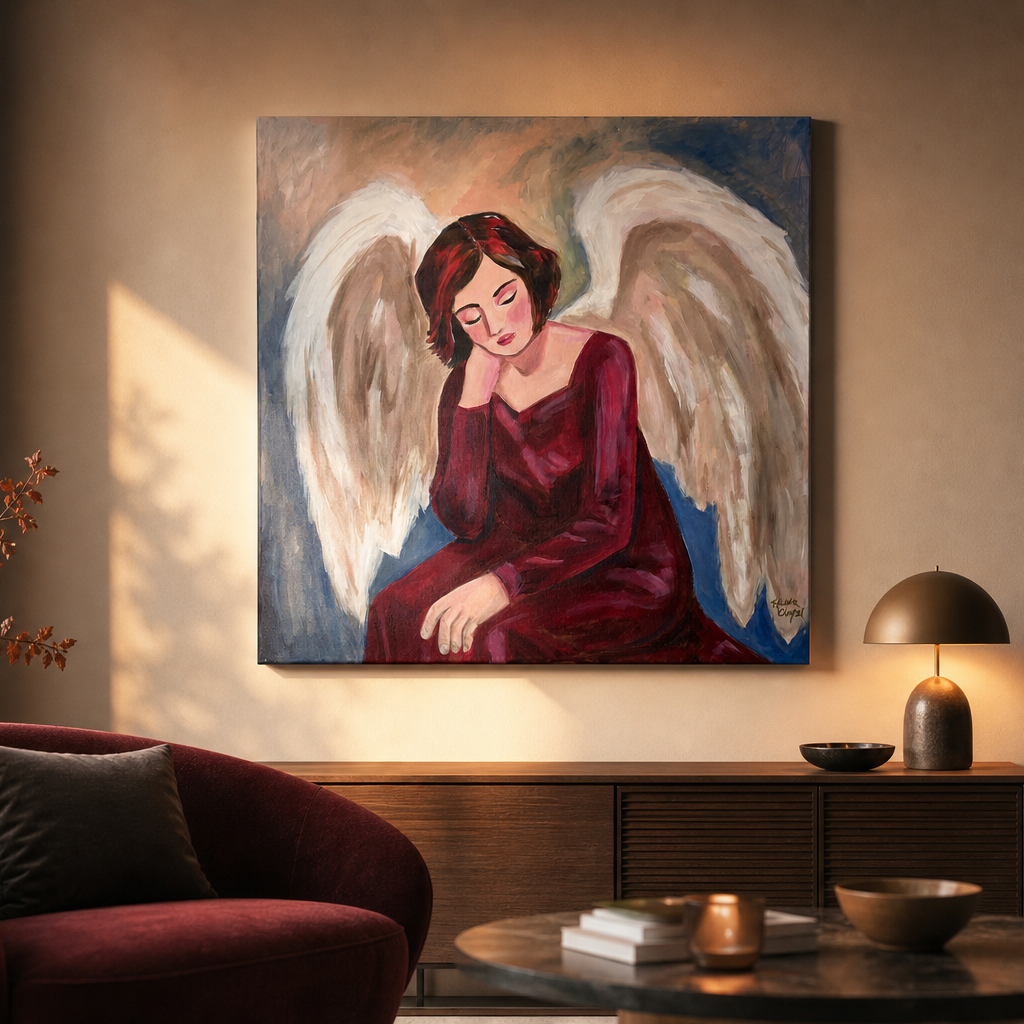 A square canvas painting of a seated angel with large white wings and a deep red robe, displayed on a beige wall in a styled living room with a burgundy armchair, table, and lamp.