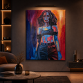 A large vertical canvas painting of a stylized woman in blue and red tones, displayed on a dark wall in a modern living room setting with a chair, coffee table, and shelving.