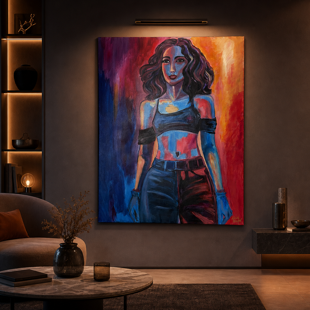 A large vertical canvas painting of a stylized woman in blue and red tones, displayed on a dark wall in a modern living room setting with a chair, coffee table, and shelving.