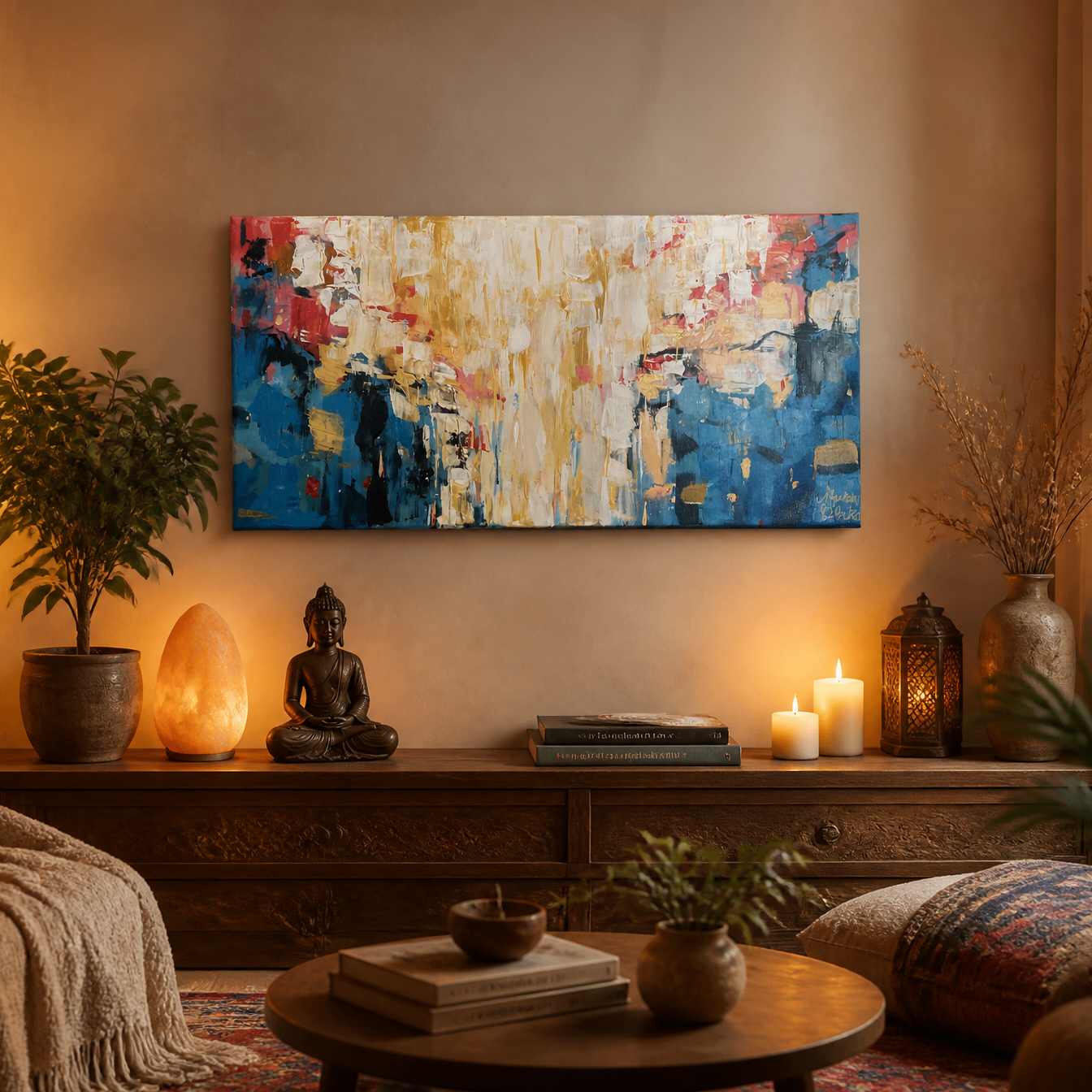 An abstract canvas painting with blue, white, red, and gold brushstrokes displayed on a warm beige wall in a cozy, styled living room setting with candles, plants, and a wooden console table.