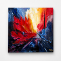 An abstract canvas painting featuring a dramatic fiery scene with bold strokes of red, orange, yellow, blue, and black, displayed on a clean white wall.