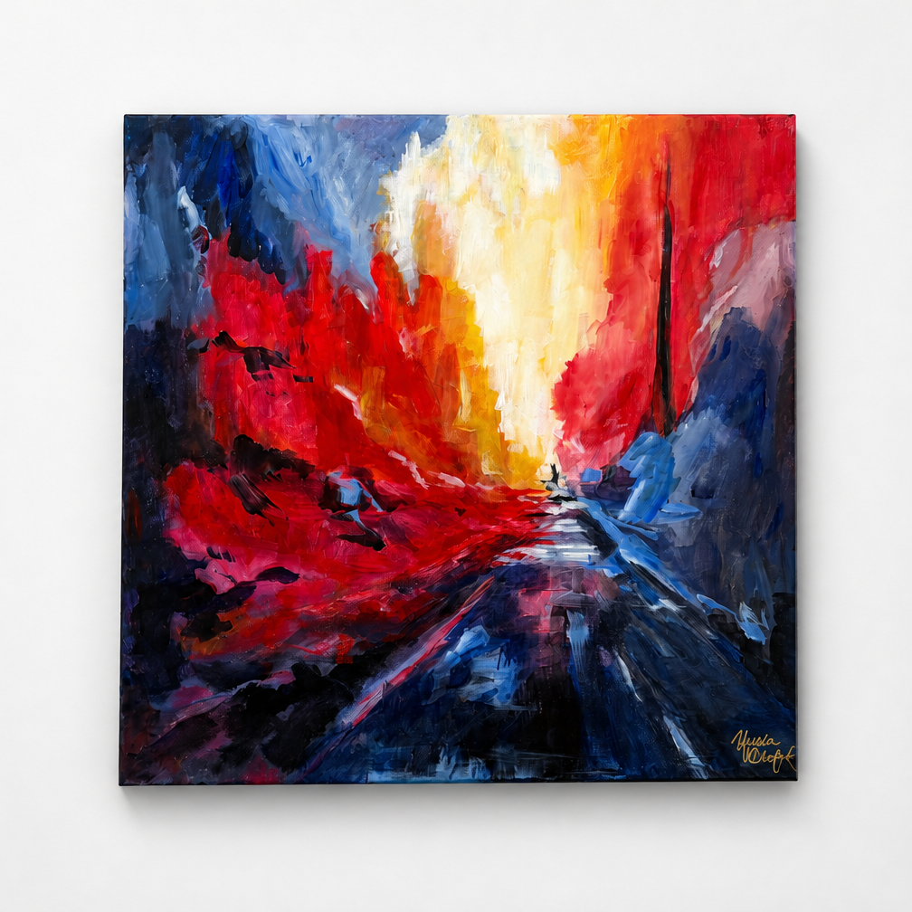 An abstract canvas painting featuring a dramatic fiery scene with bold strokes of red, orange, yellow, blue, and black, displayed on a clean white wall.