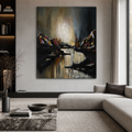 A large vertical abstract canvas painting of a mountain lake scene, displayed on a light gray wall in a modern living room setting with a gray sectional sofa and marble coffee table.
