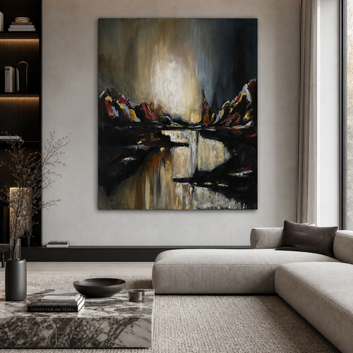 A large vertical abstract canvas painting of a mountain lake scene, displayed on a light gray wall in a modern living room setting with a gray sectional sofa and marble coffee table.