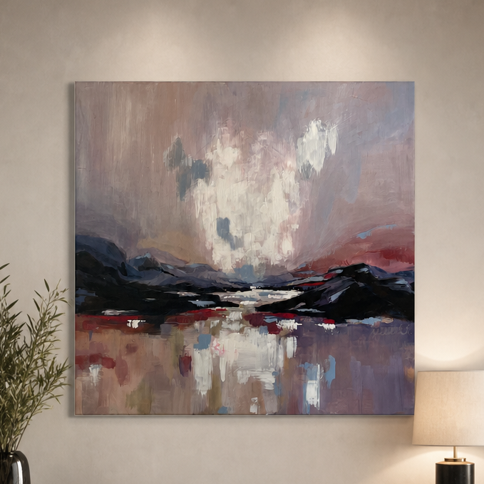 An abstract landscape canvas print with soft gray, pink, and purple brushstrokes, displayed on a beige wall above a dark wood console table in a modern living room setting.